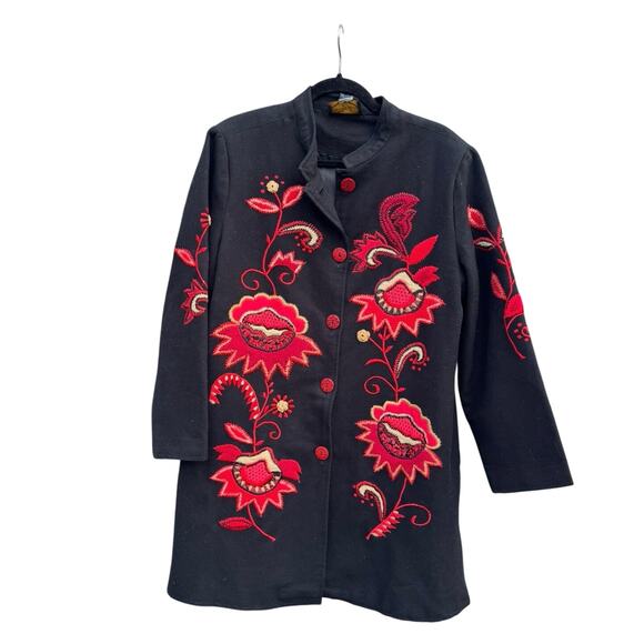 Alex Kim boho Long Buttoned Blck Red Floral Embroidered Jacket Womens M vintage - Picture 1 of 9